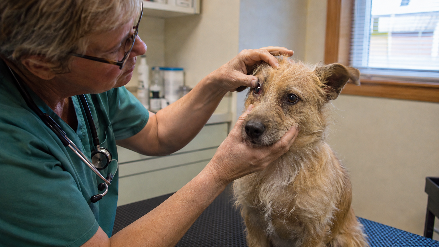Veterinář vyšetřuje oko psa s podezřením na ječné zrno